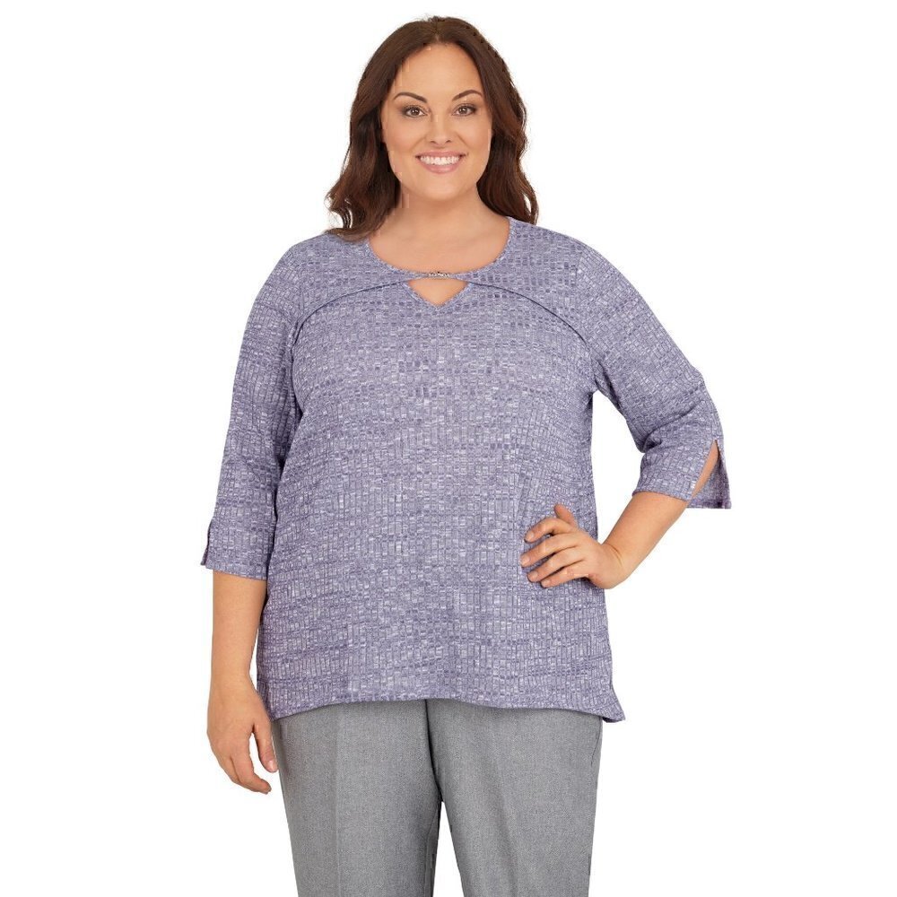 Alfred Dunner Women's Seagreen Plum Heather Knit Rib Keyhole Neck Top Size 2X